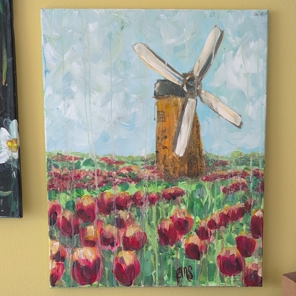 Handmade Other - Red and Green Tulip Field Painting Art